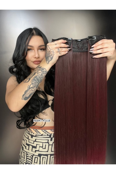 Suzan Peruk Düz Yarım Ay + 2 Yan Çıt Çıt - Koyu Kızıl