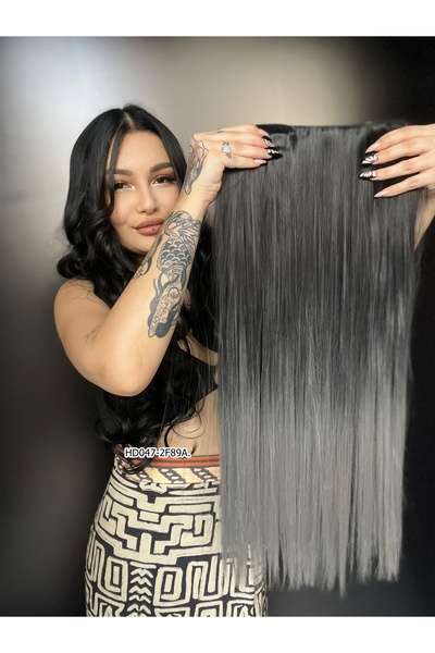 Suzan Peruk Düz Yarım Ay + 2 Yan Çıt Çıt - Siyah Gri