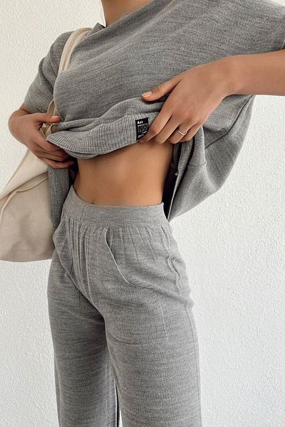 lovebox Sleeveless Round Collar Gray Knitwear Top and Pocket Detailed Gray Knitwear Trousers Gray Top and Bottom Set 070