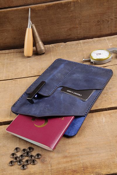 New Coast Leather 1900's Γνήσιο & Πραγματικό Δερμάτινο Χειροποίητο Μπλε Πορτοφόλι Διαβατηρίου