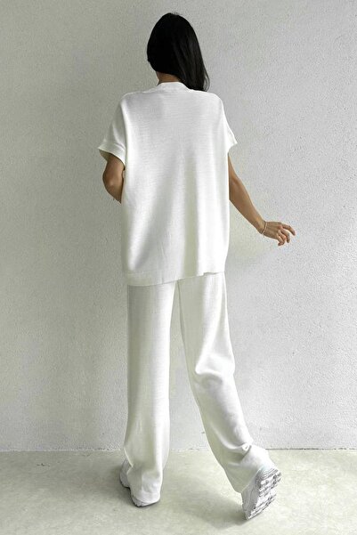vuvutasarım Women's Sleeveless Round Collar White Knitwear Blouse and Pocket Detailed White and Knitwear Trousers Double Suit 070