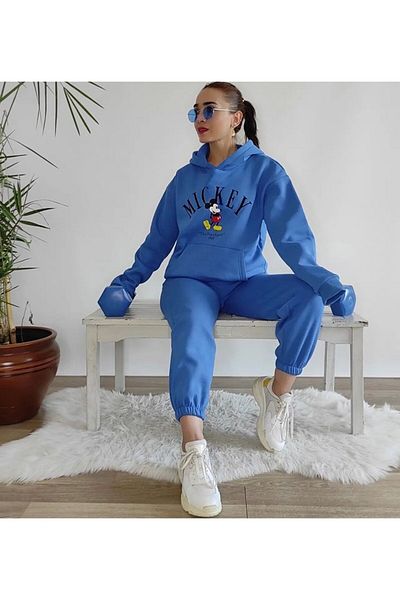 DUBU BUTİK Σετ φόρμας Mickey Lettering Figure Φούτερ Jogger - Sax Blue Printed Oversize Raster Hooded