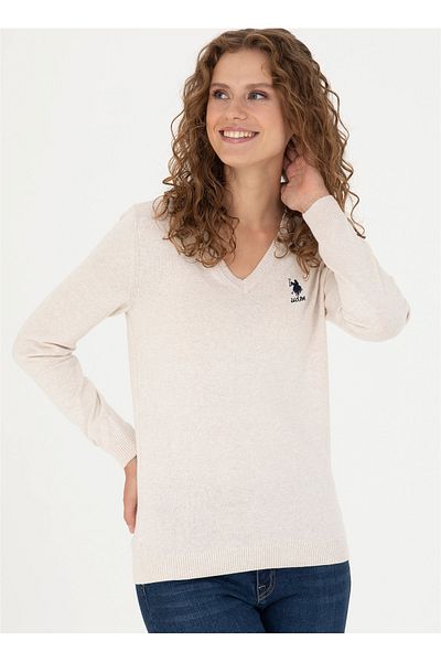 U.S. Polo Assn. BASE. Polo Assn. V-Neck Slim Fit Ecru Sweater Women GTD02-BSK23
