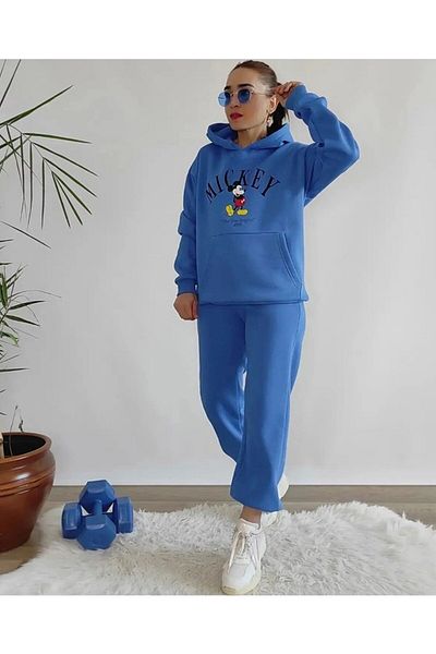 DUBU BUTİK Σετ φόρμας Mickey Lettering Figure Φούτερ Jogger - Sax Blue Printed Oversize Raster Hooded