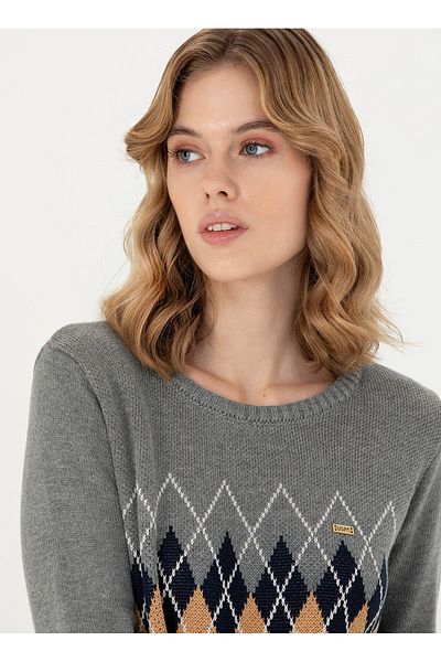 U.S. Polo Assn. BASE. Polo Assn. Crew Neck Regular Fit Gray Melange Sweater Women GOLAS