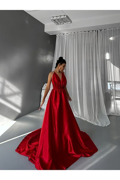 Gülşah Evecen Special Design Bluing Satin Long Dress