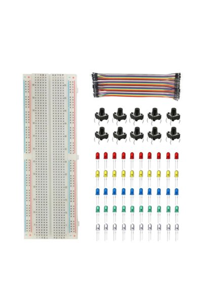 Set of 4: 830 Pin Breadboard - 5mm Led - 6mm Button - Male Male Jumper Cable