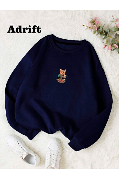 Adrift Sef Cat Hanorac oversize din bumbac cu decolteu, albastru bleumarin