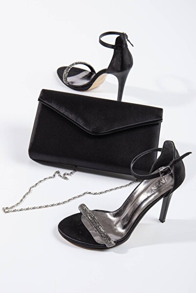 GULT Kadın Yüksek Topuklu Tek Bant Çanta Kombini Siyah Saten