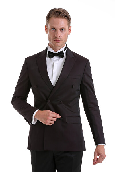 Hatemoğlu Bordo Slim Fit Düz Sivri Yaka Klasik Kruvaze Smokin Damatlık