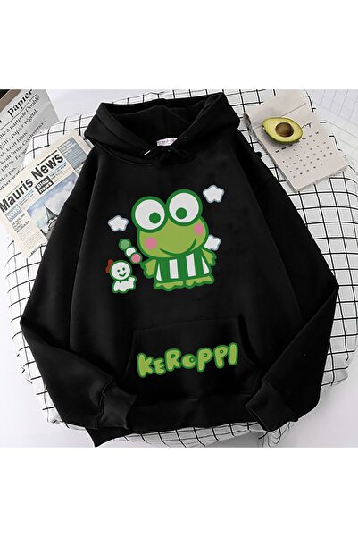 MECH BUTİK Hanorac negru cu glugă cu imprimeu Hello Kitty Keroppi