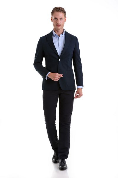 Hatemoğlu Navy Blue Slim Fit Plain Mono Collar Casual Linen Jacket