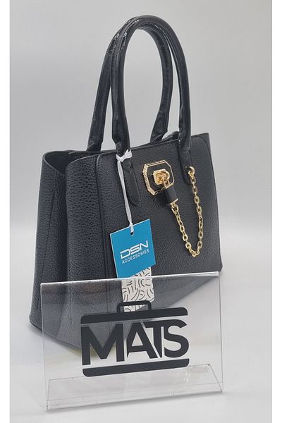 DSN Lock and Chain Decorated Hand and Shoulder Bag Black