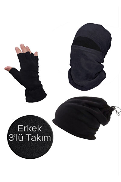Mrey Erkek Siyah Kışlık Termal Polar Kesik Parmak Eldiven Kar Maskesi Motorcu İpli Bere Boyunluk 3'lü Set