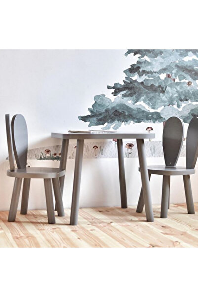 Ahsel Ahşap Montessori Çocuk Odası Mobilyası Gri Tavşan Masa Sandalye, Montes...