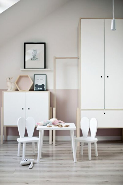 Ahsel Ahşap Montessori Çocuk Odası Mobilyası Beyaz Tavşan Masa Sandalye, Mont...