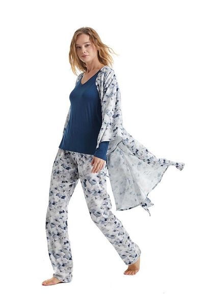 Blackspade Women's Long Sleeve V-Neck Navy Blue Pajamas & Dressing Gown Set 51224-51227