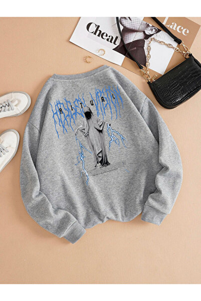 Adrift Hanorac din bumbac cu decolteu oversize de culoare albastru ritual gri