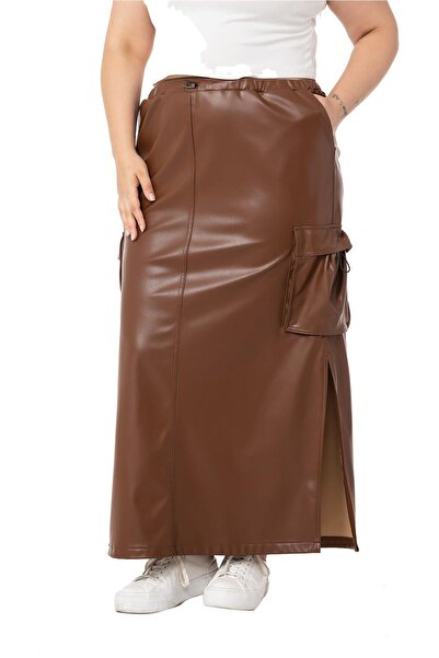 DISENTIS MODEST Plus Size Gather Detailed Slit Long Leather Brown Skirt with Waist and Pockets