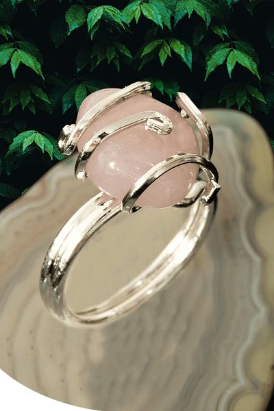 Tesbih Atölyesi Certified Silver Rococo Model Pink Quartz Stone Ring - Adjustable