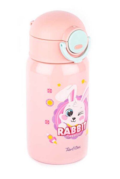 Tantitoni Pembe Tavşan Desenli Pipetli Paslanmaz Çelik Çocuk Termosu 400ML