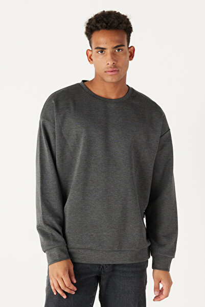 AC&Co / Altınyıldız Classics Pánská antracitovo-melanžová oversize mikina s volným střihem s výstřihem a výstřihem