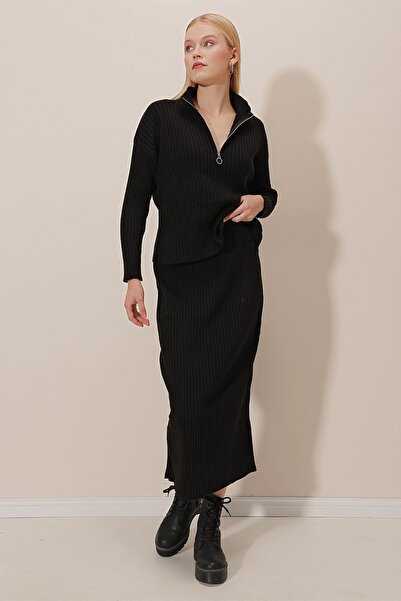 HAKKE Kadın Önü Yarım Fermuarlı Etekli Fitilli Alt Üst Tesettür Takım