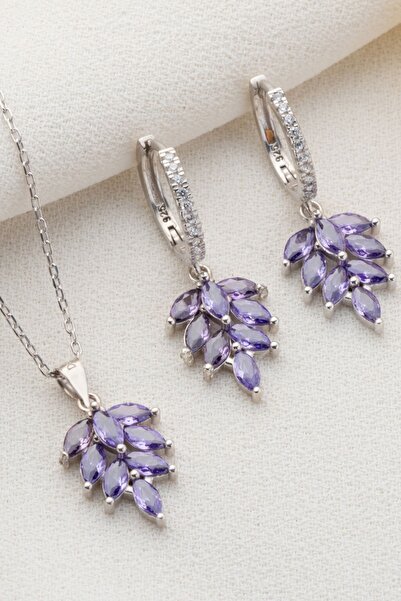 Silvano Jewelry 925 Ayar Gümüş Yaprak Model Küpe Kolye Takı Seti