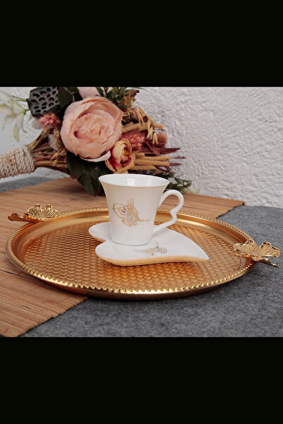 GİLLİ STORE Paslanmaz Çelik Yuvarlak Model Çay Kahve Sunum Tepsi Kelebek Detaylı