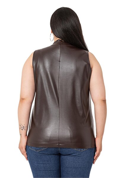DISENTIS MODEST Αμάνικη Δερμάτινη Καφέ Μπλούζα με Σταντ γιακά