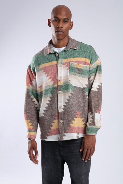 XHAN Brown Ethnic Patterned Oversize Shirt 3YXE2-47565-18