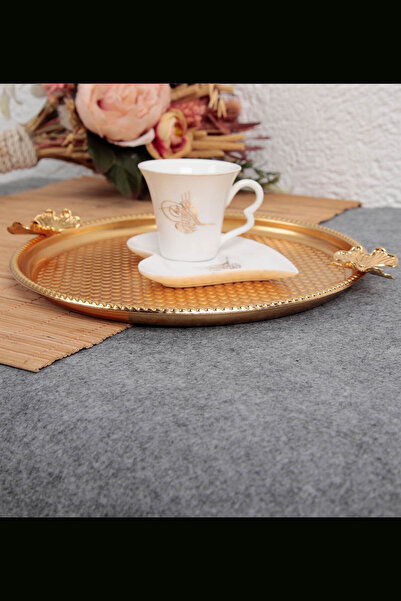 GİLLİ STORE Paslanmaz Çelik Yuvarlak Model Çay Kahve Sunum Tepsi Kelebek Detaylı