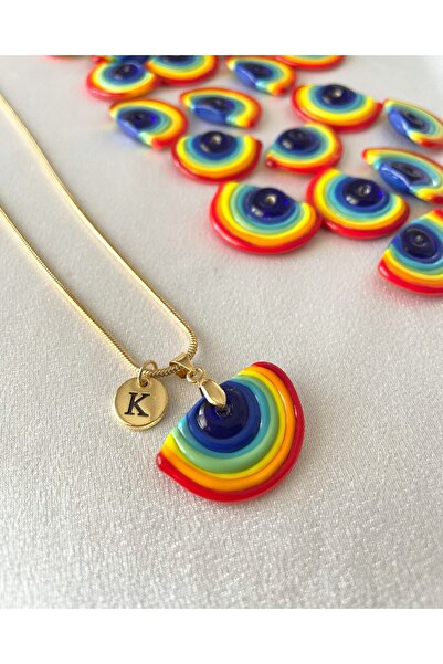 Hazeran accessories Harfli Gökkuşağı Murano Cam Boncuk Çelik Kolye