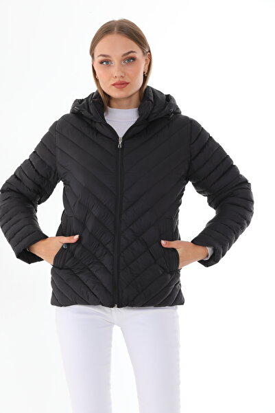 Stone Kadın Siyah Verevine Çıkma Kapüşonlu Şişme Mont