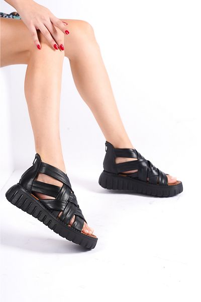 Deripabuc Genuine Leather Women's Black Leather Sandals DP-3002
