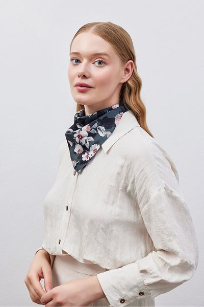 THE MOON Gray Vegan Silk Scarf with Peony Pattern