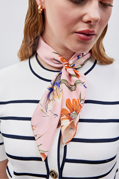 THE MOON Manolya Çiçek Desenli Pembe Vegan Ipek Fular Bandana