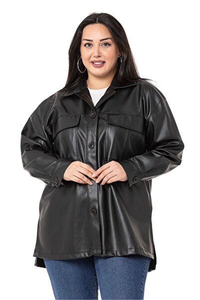 DISENTIS MODEST Cămașă neagră din piele cu buzunar acoperit de dimensiuni mar...