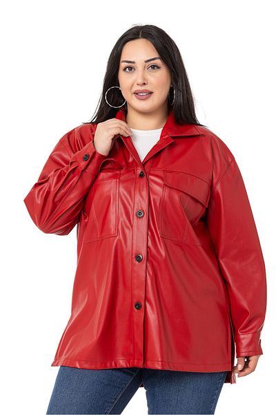 DISENTIS MODEST Large Size Leather Red Shirt with Flap Pockets and Side Slits