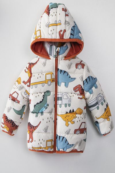 PODİUM GİYİM New Cute Dinosaur Patterned Fleece Hooded Winter Coat