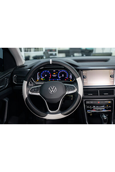 PlusOto Plus Karbon Serisi Siyah Beyaz Geçmeli Direksiyon Kılıfı (SİYAH BEYAZ)