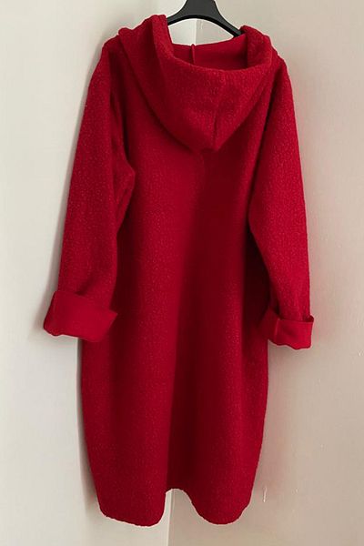 AYASOFYA OTANTIK Women's Italian Red Hooded Zipper Pocket Boucle Coat