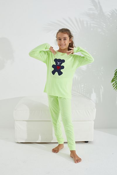 Siyah İnci neon green Cotton Lycra Knitted Pajama Set