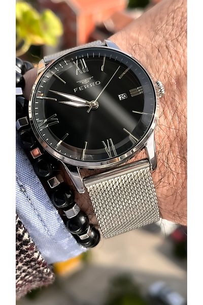 FERRO Steel Mesh Cord Silver Color Men's Watch Bracelet