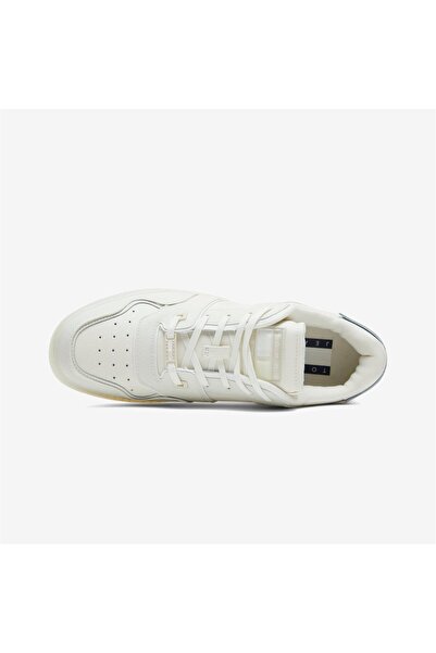 Tommy Hilfiger Erkek Marka Logolu Bağcıklı Kaydırmaz Tabanlı Günlük Beyaz Sneaker EM0EM01212-YBI