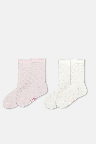 Dagi Zweiteilige Mädchensocken mit Herzmuster in Ecru-Pink