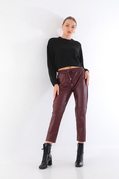 ORZUQLIFE Waist Lace Knee Seam Detail Leather Trousers