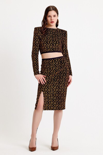 JAHR MARC Black Velvet Pencil Skirt with Glitter Slit