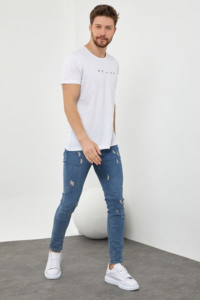 Tarz Cool Ανδρικό μπλουζάκι Lycra με λευκή στάμπα με λεπτή εφαρμογή-rlxtsr06s