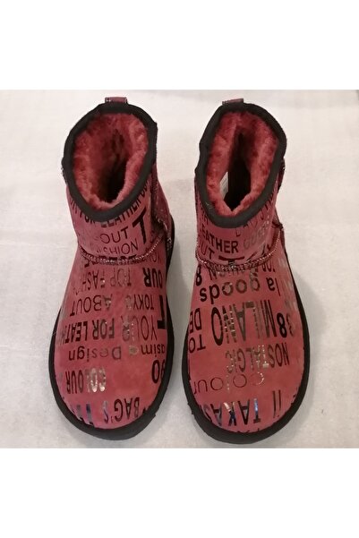 Butik Tülin Kadın Hakiki Süet Bordo Siyah Yazı Süslü Kürk Kaplı Isıtıcı Hafif...